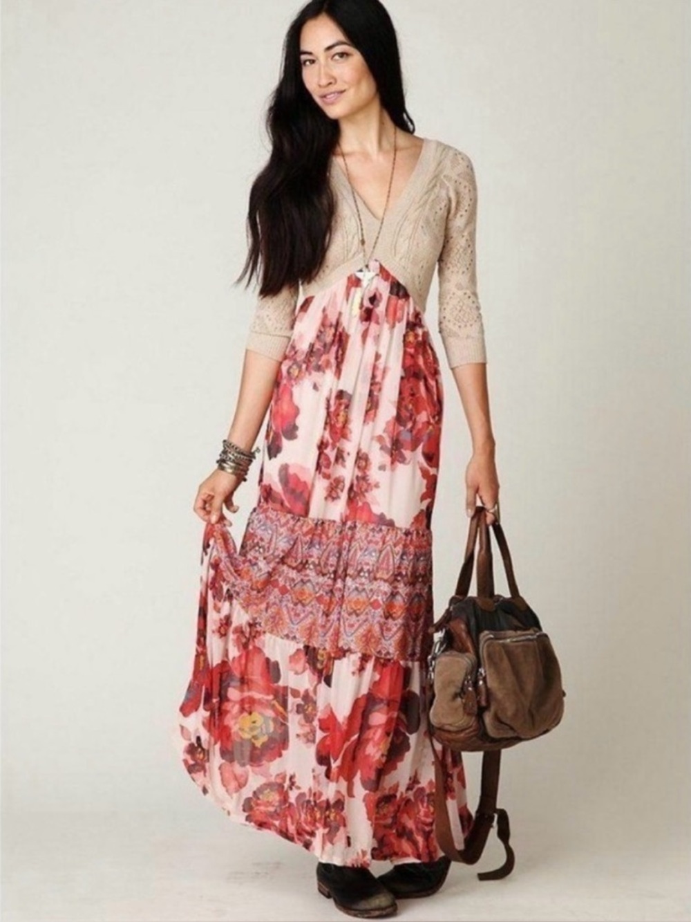 Free People Floral Pink Red Tiered Maxi Dress with Crochet Bodice